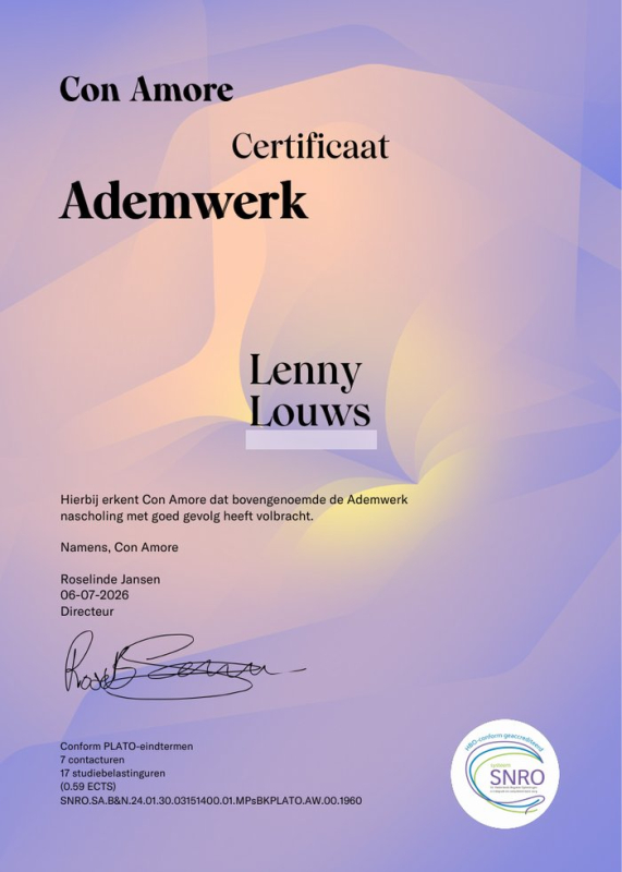 Certificaat Ademwerk (Con Amore) - Lenny Louws, Praktijk LenteFit