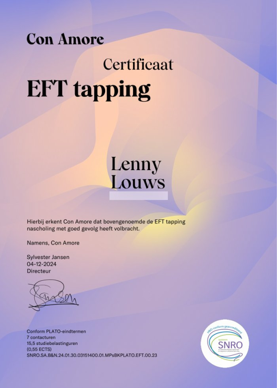Certificaat EFT tapping (Con Amore) - Lenny Louws, Praktijk LenteFit