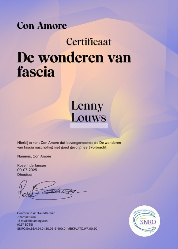 Certificaat De wonderen van fascia (Con Amore) - Lenny Louws, Praktijk LenteFit