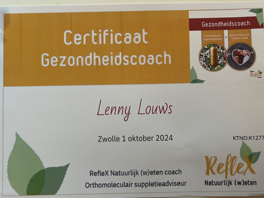 Certificaat Gezondheidscoach RefleX Natuurlijk (w)eten - Lenny Louws, Praktijk LenteFit