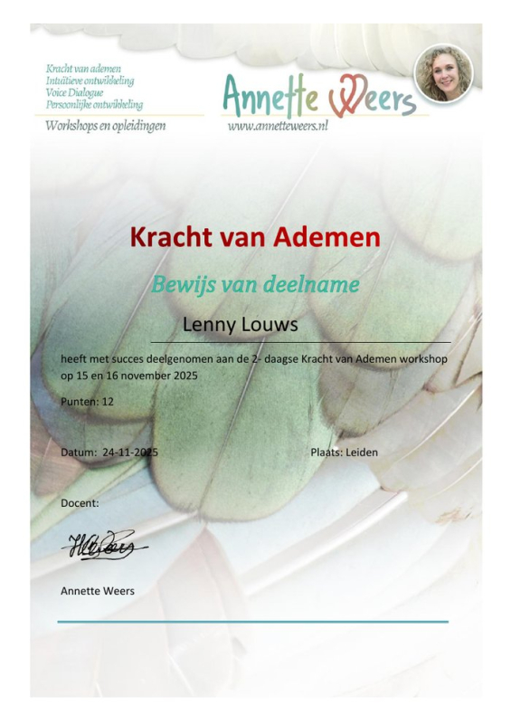 Bewijs van deelname Kracht van Ademen - Lenny Louws, Praktijk LenteFit